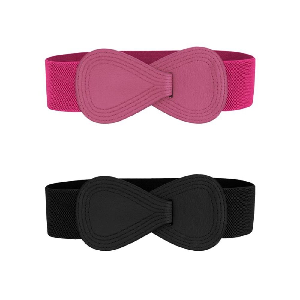 2Pcs Plus Size Interlock 8-shaped Faux Leather Buckle Belt Black & Hot Pink